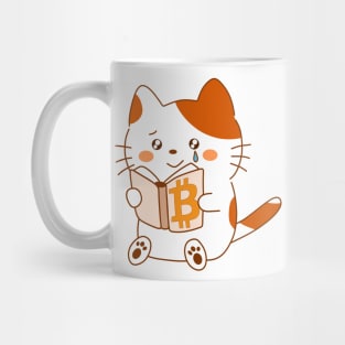 Cute kawaii cat discovers the beauty of Bitcoin, reading a book with a tear of joy Mug